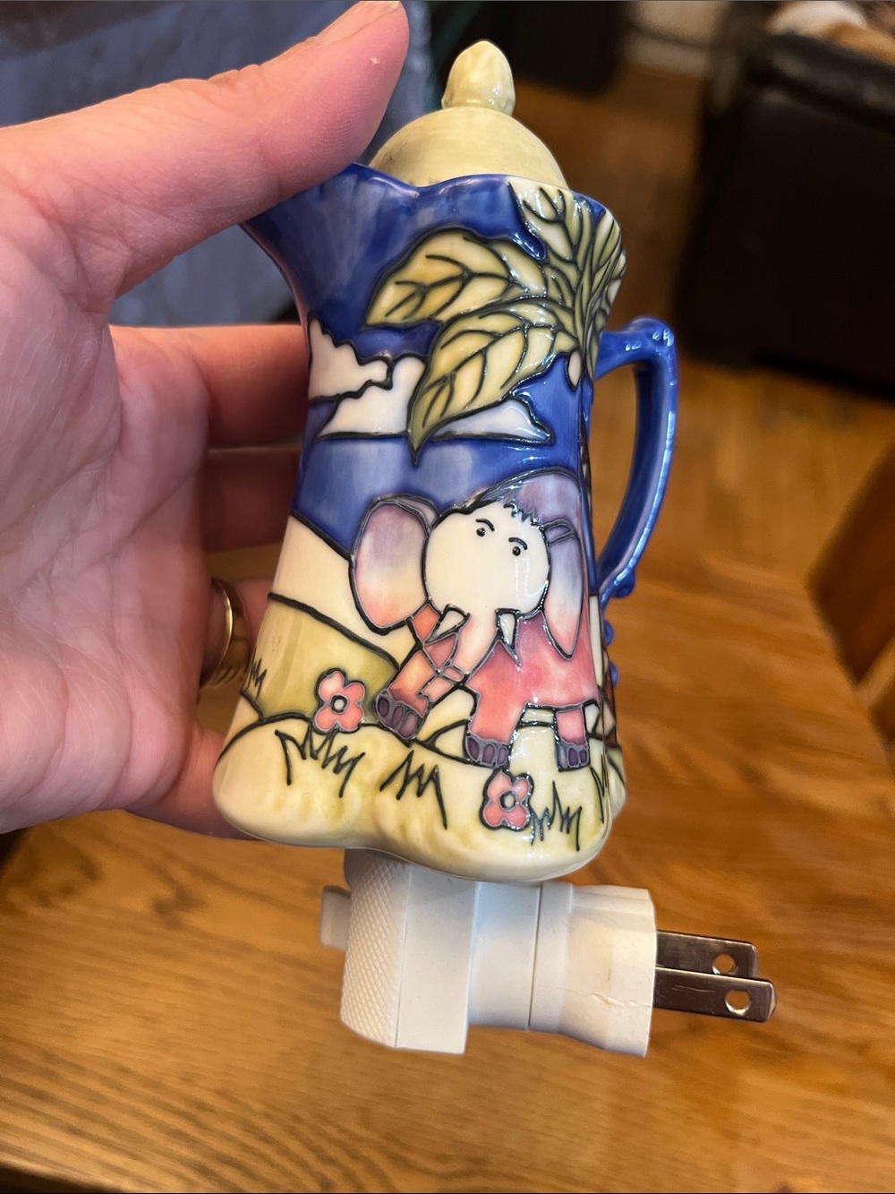 Hand-Painted Blue and Pink Elephant Ceramic Night Light
